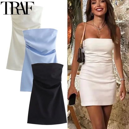 TRAF Dress Women Off Shoulder Corset Short Dresses Ruched Backless Blue Black White Dress Woman Sexy Bodycon Party Dresses - Smarsty