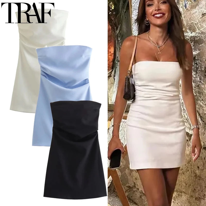 TRAF Dress Women Off Shoulder Corset Short Dresses Ruched Backless Blue Black White Dress Woman Sexy Bodycon Party Dresses - Smarsty