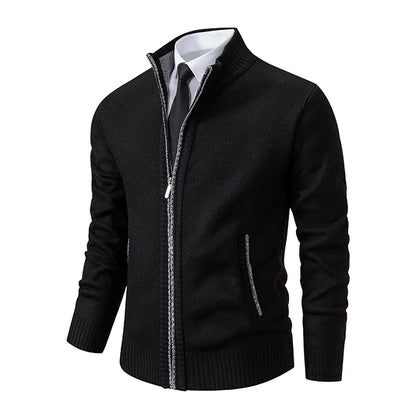 Autumn And Winter New Jersey Men's Casual Sports Coat Solid Color Stand Collar Wweater Grab Fleece Warm Zipper Cardigan - Smarsty