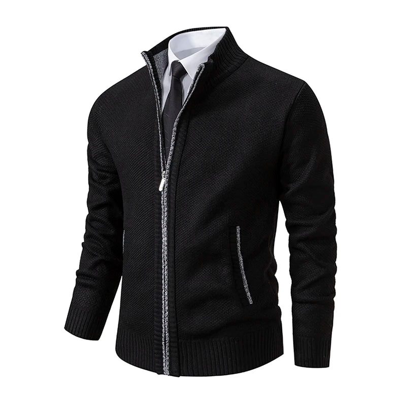 Autumn And Winter New Jersey Men's Casual Sports Coat Solid Color Stand Collar Wweater Grab Fleece Warm Zipper Cardigan - Smarsty