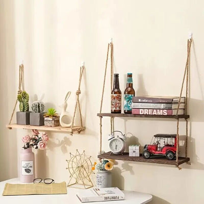 Wooden Floating Shelves for Wall Plant Flower Wood Swing Hanging Rope Storage Home Living Room Decor 1/2/3-tier by Smarsty