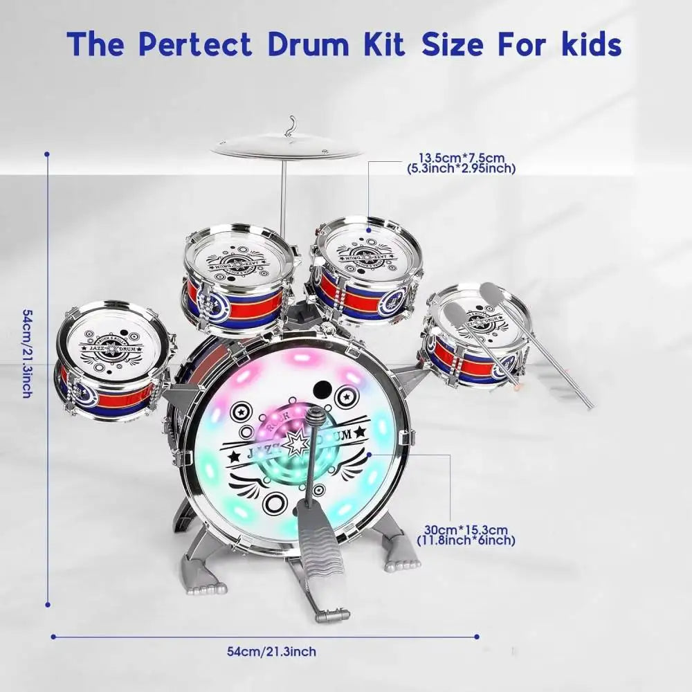 Mini Jazz Drum Set 6 Drums with Stool Musical Instruments Toy Birthday Gift for Beginners Boys Girls (with LED Light)