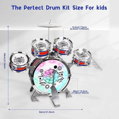 Mini Jazz Drum Set 6 Drums with Stool Musical Instruments Toy Birthday Gift for Beginners Boys Girls (with LED Light)