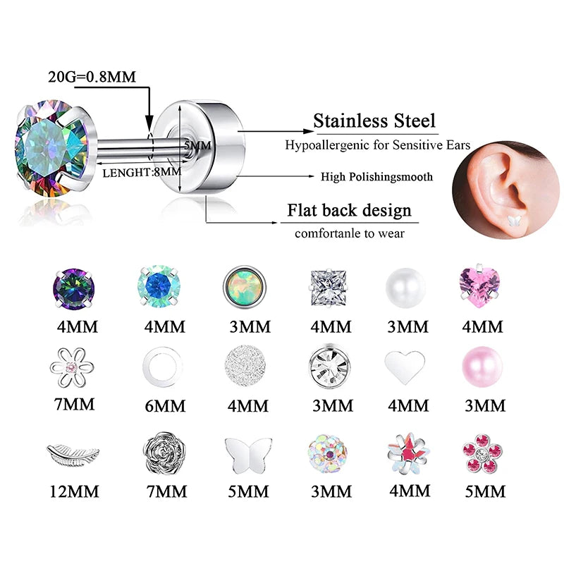 Stainless Steel Heart Moon Ear Studs Screw Back Cartilage - Smarsty