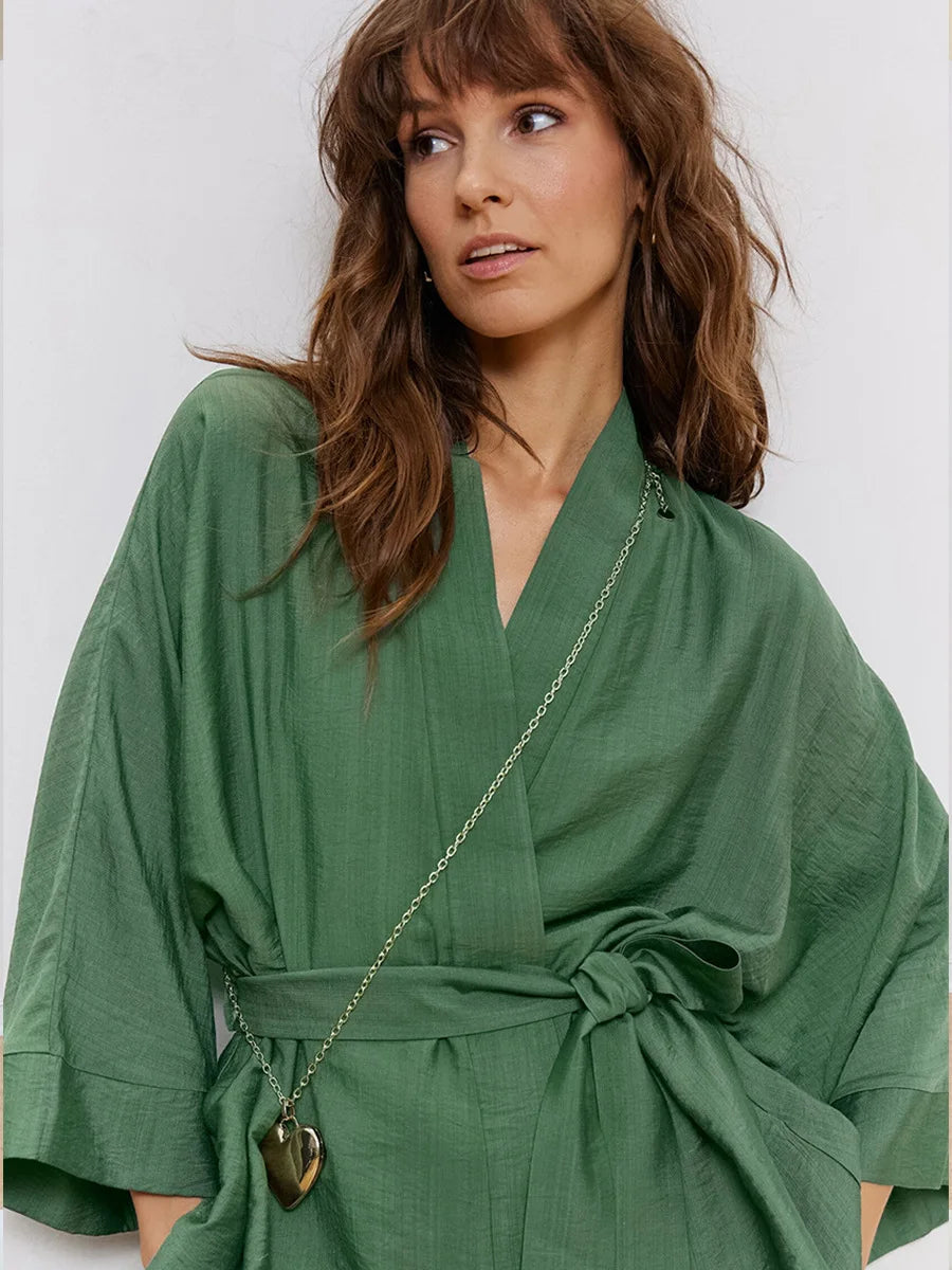 Mozuleva Women's Long Sleeved Pajama Set New Autumn Green Lace Up Pajamas Loose Pants Leisure Home Clothing 2-piece Set - Smarsty