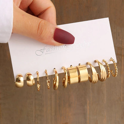 Gold Color Vintage Geometric Pearl Earrings Set For Women - Smarsty