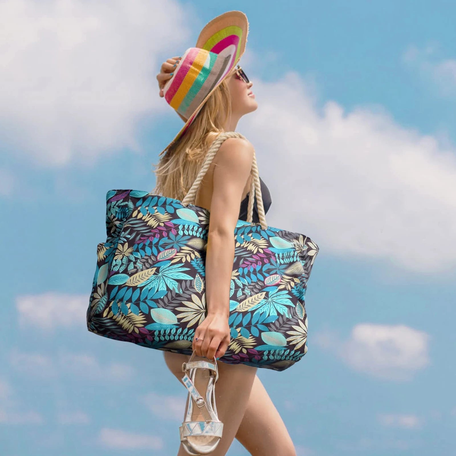 Waterproof Beach Bag Foldable Striped Zipper Outdoor Tote - Smarsty