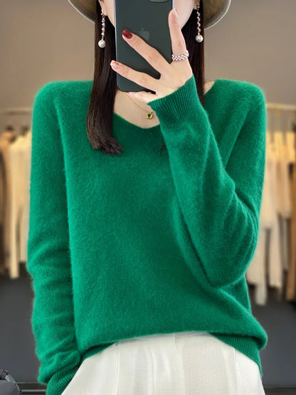 Fashion100% Merino Wool Sweater Cashmere  Pullover Women Knitwear V-Neck Long Sleeve  Autumn Winter Fashion Basic Clothing  Tops - Smarsty