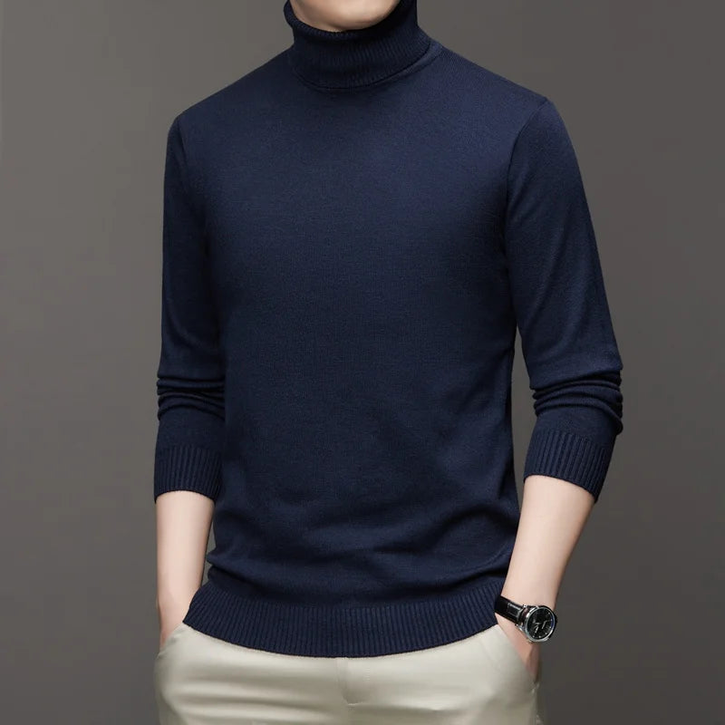 Autumn Mens High Quality Knitted Turtleneck Sweater Slim Fit Long Sleeve Anti-pilling Pullover Solid Color Trend Men Streetwea - Smarsty
