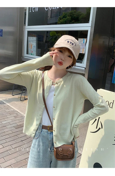 Solid Color Knitted for Women Cardigan Korean Single Breasted Long Sleeve Jumper Woman Round Neck All Match Cardigans Outwear - Smarsty