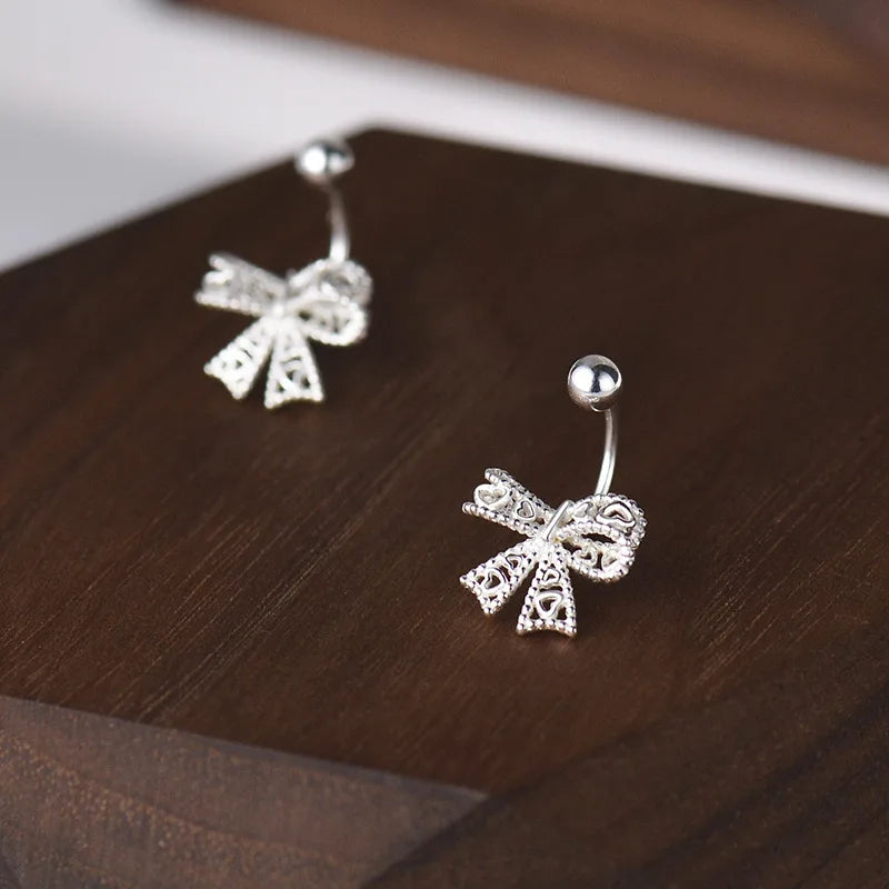 925 Sterling Silver Lace Heart Bow Stud Earrings Minimalist - Smarsty