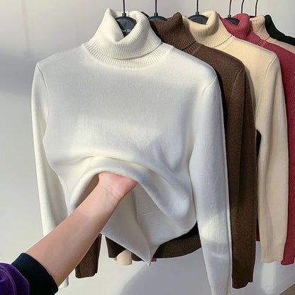 Turtleneck Winter Sweater Women Elegant Thicken Velvet Lined Warm Sueter Knitted Pullover Slim Tops Jersey Knitwear Jumper New - Smarsty