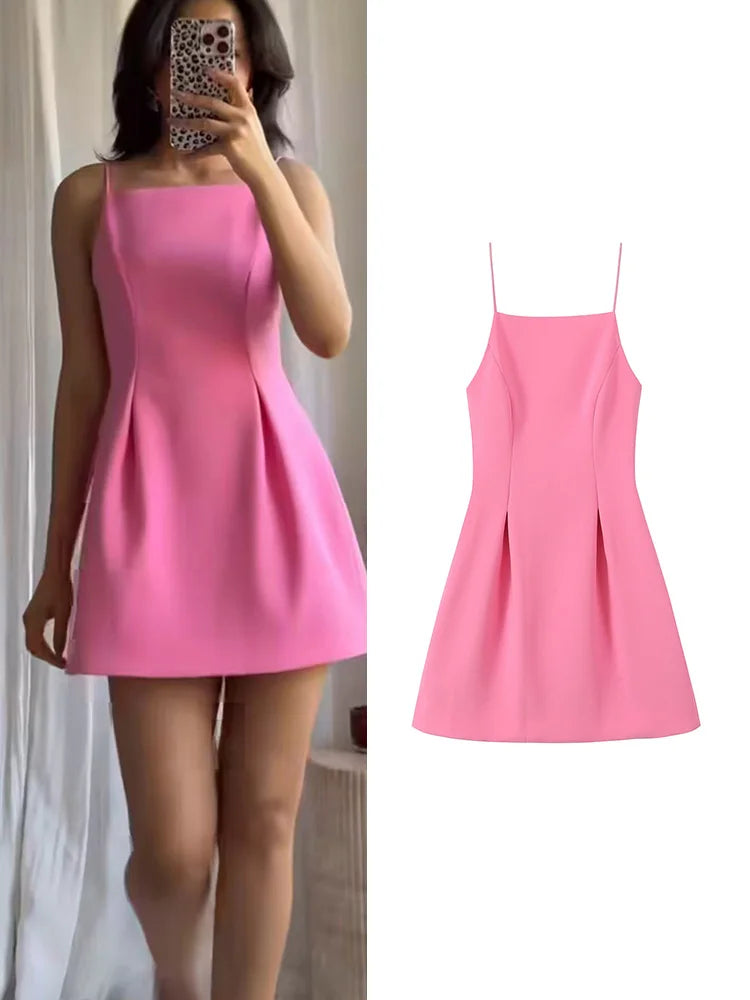 TFMLN Elegant Ladies Pink Spaghetti Strap Dress 2025 Summer New Simple Style Women Slim Short Dress Party Fashion A-Line Dress - Smarsty