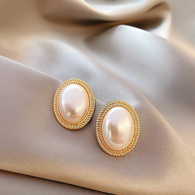 Retro Imitation Pearl Zircon Earrings Oval Square Hollow - Smarsty