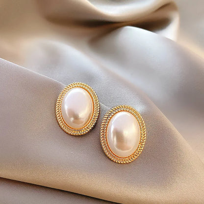 Retro Imitation Pearl Zircon Earrings Oval Square Hollow - Smarsty