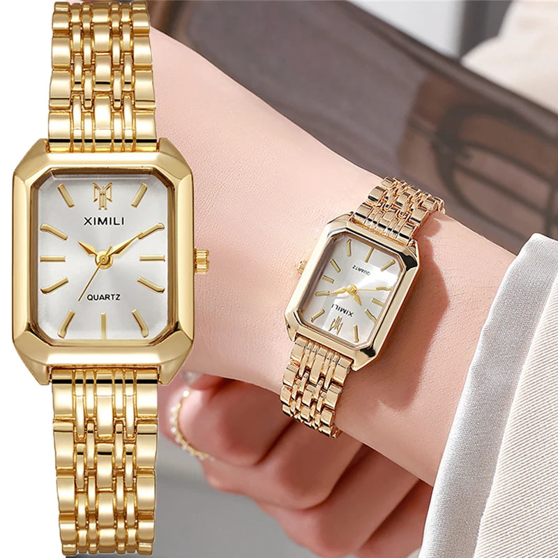 Women's Luxury Square Quartz Watch with Gold Alloy Strap - Smarsty