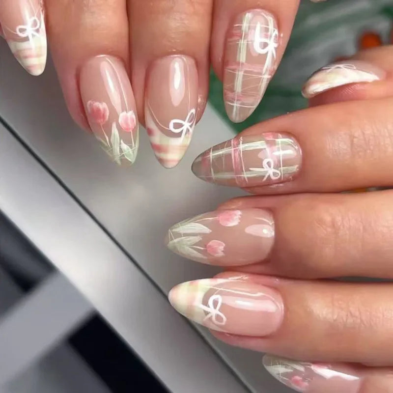Colorful Press On Almond Nails Set with Pearl Flowers - Smarsty