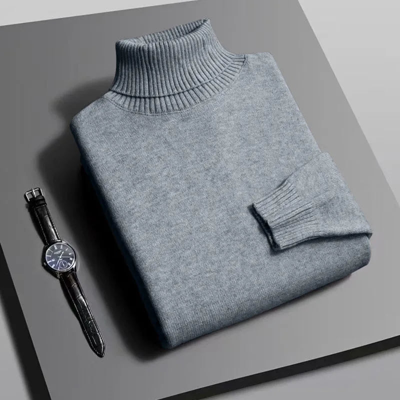 Autumn Mens High Quality Knitted Turtleneck Sweater Slim Fit Long Sleeve Anti-pilling Pullover Solid Color Trend Men Streetwea - Smarsty