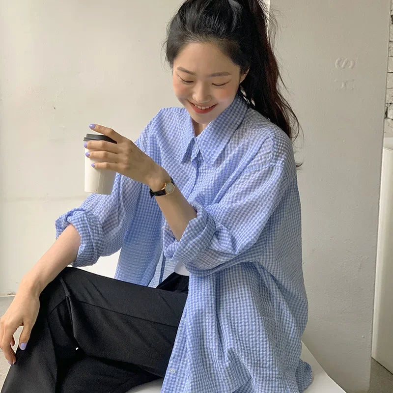 Korean Women's Shirt Sunscreen Long Sleeves Shirt Summer Women's Loose Casual Single Breasted Turndown Collar Plaid - Smarsty