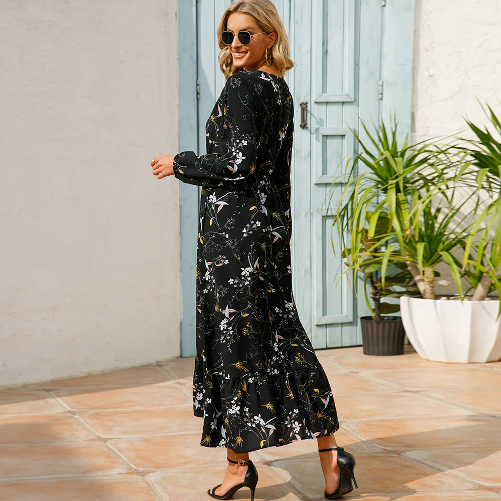 2023 Sping Summer Bohemian Women Maxi Dress Casual Long Sleeve High Waist Beach Woman Chiffon Dresses Floral Vestidoes Mujer New - Smarsty