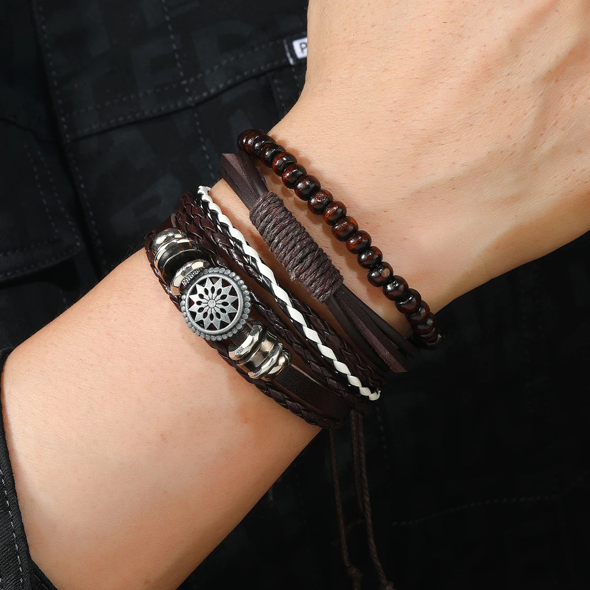 Vintage Leather Men Bracelet Woven Brown Wood Beads - Smarsty