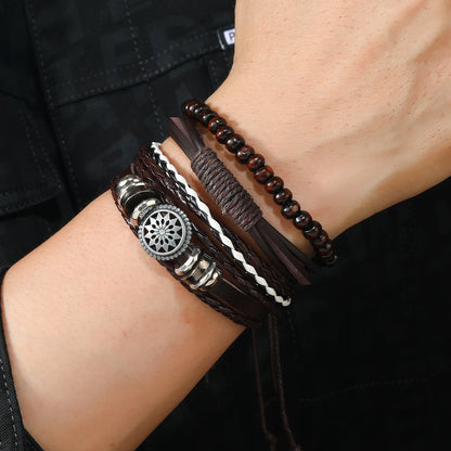 Vintage Leather Men Bracelet Woven Brown Wood Beads - Smarsty