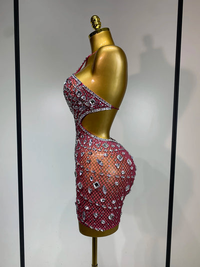 Sexy Sparkly Diamond Backless Short Dress 2025 Women Sleeveless Mesh See Through Evening Birthday Gown Singer Stage Outfit - Smarsty