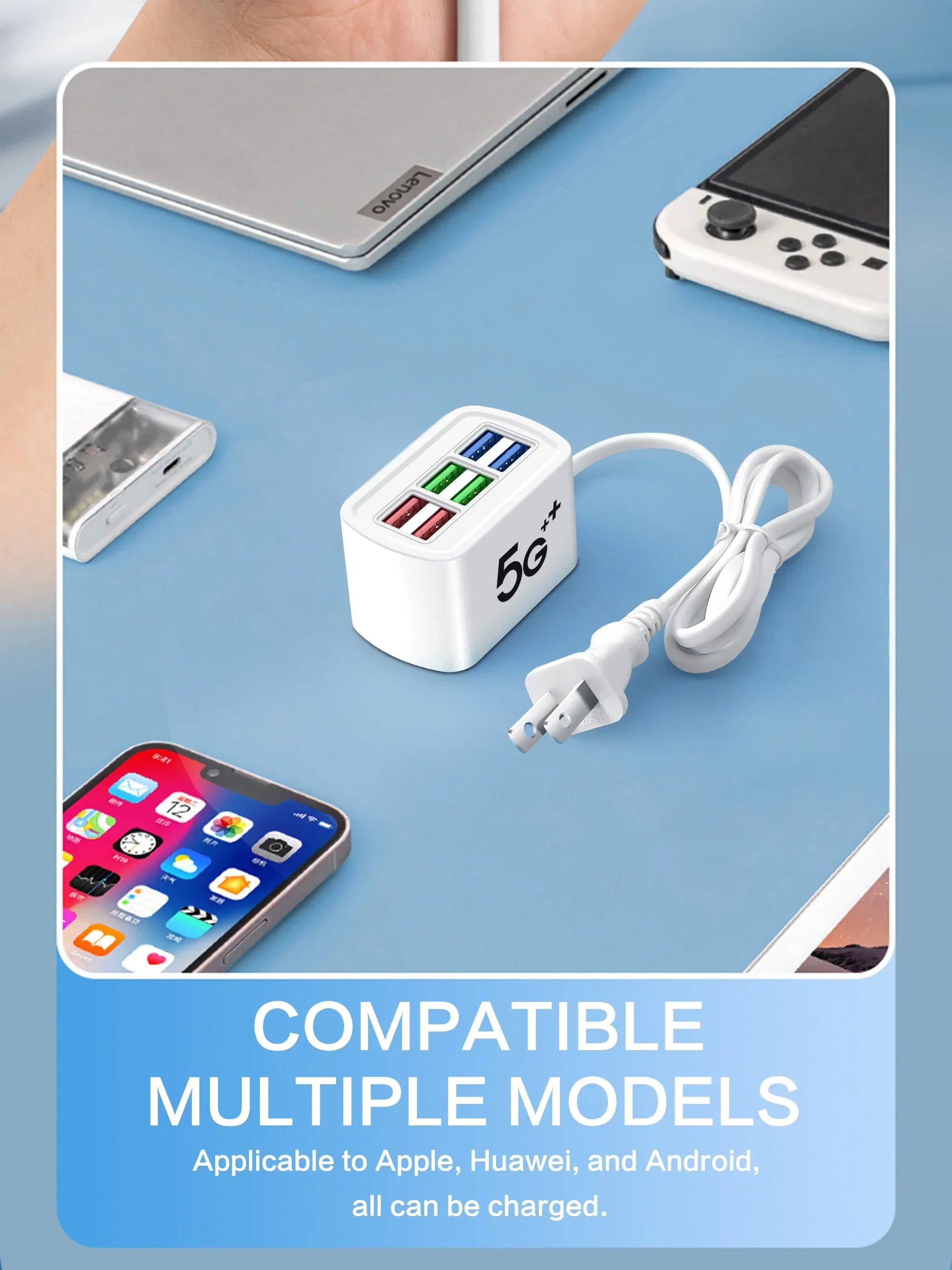 Fast USB Charger 6 in 1 Power Strip Desktop Charging Station Fast Charging 1m Cord USB HUB Adapter Socket for iPhone 16 Home - Smarsty