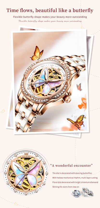 OLEVS 6615 Womens Watch Original Bezel Ceramic Mechanical Automatic Wristwatch Waterproof Luminous Ladies Watch Butterfly Dial - Smarsty