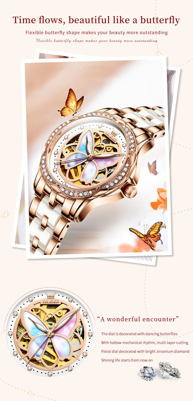 OLEVS 6615 Womens Watch Original Bezel Ceramic Mechanical Automatic Wristwatch Waterproof Luminous Ladies Watch Butterfly Dial - Smarsty