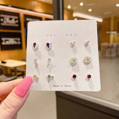 4 Pair Silver Heart Stud Earrings Set Cute Gift Everyday - Smarsty