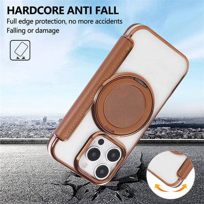 Flip Leather Wallet Rotating Fold Stand Magnetic Phone Case For iPhone 15 16 17 Pro Max 16E 14 13 12 For Magsafe Clear Cover