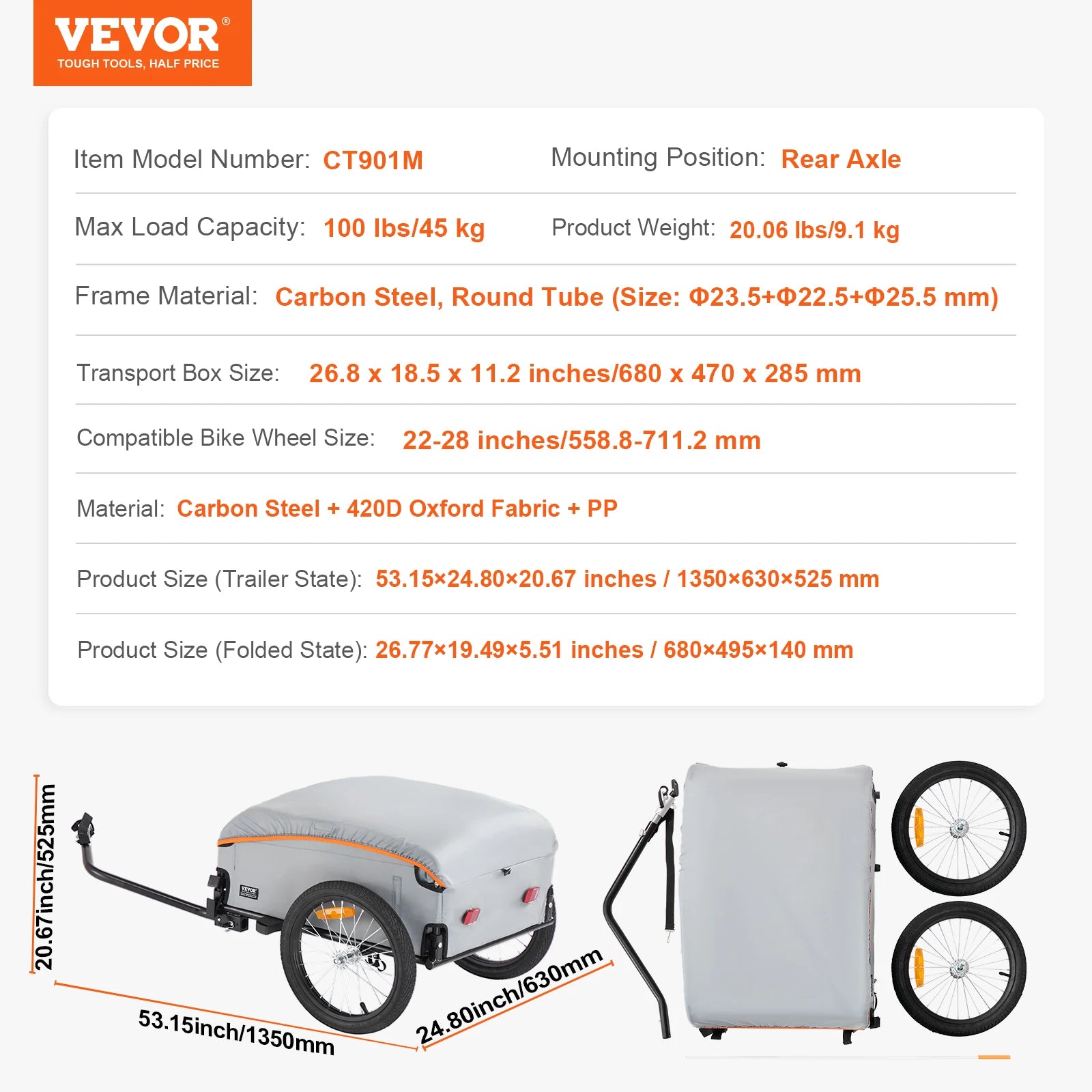 SucceBuy 100lbs Bike Cargo Trailer Foldable Bicycle Wagon Cart with Waterproof Cover & Safe Reflectors Fits 22"-28" Bike Wheel