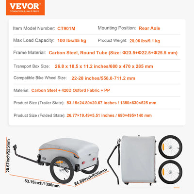 SucceBuy 100lbs Bike Cargo Trailer Foldable Bicycle Wagon Cart with Waterproof Cover & Safe Reflectors Fits 22"-28" Bike Wheel