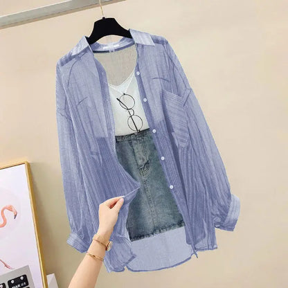 Summer Sunscreen Shirt Elegant Perspective Thin Chiffon Blouse Korean Harajuku See Through Loose Top Casual Women's Cardigan - Smarsty