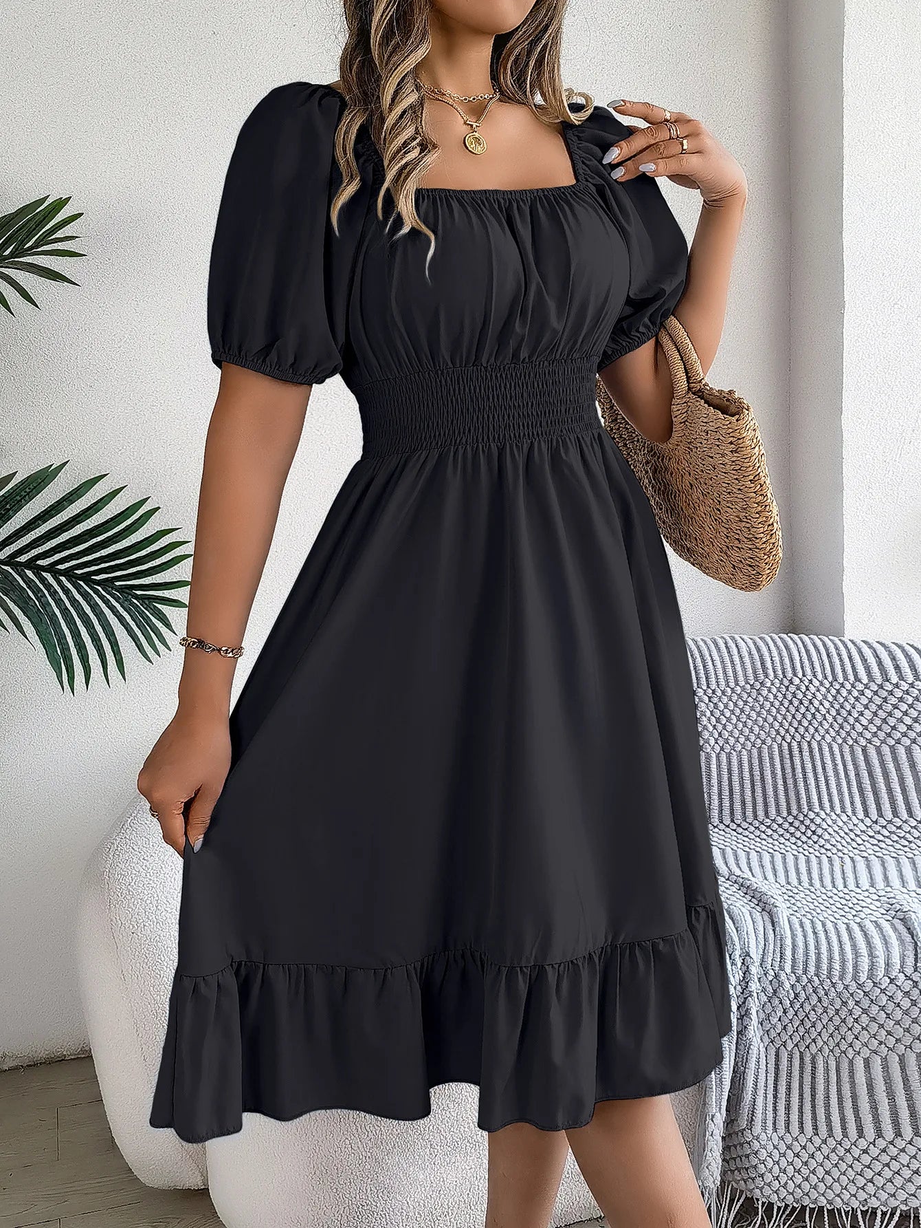 Women's MIidi Dresses 2024 Summer Casual Square Neck Short Sleeved Waist Ruffle Edge Dress Dress Women Elegant Платья Женские - Smarsty