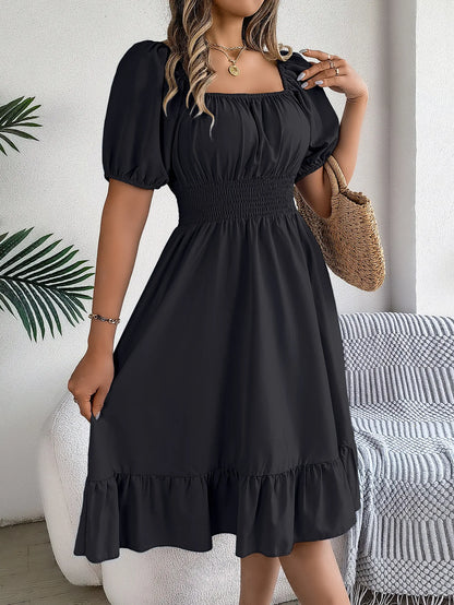 Women's MIidi Dresses 2024 Summer Casual Square Neck Short Sleeved Waist Ruffle Edge Dress Dress Women Elegant Платья Женские - Smarsty