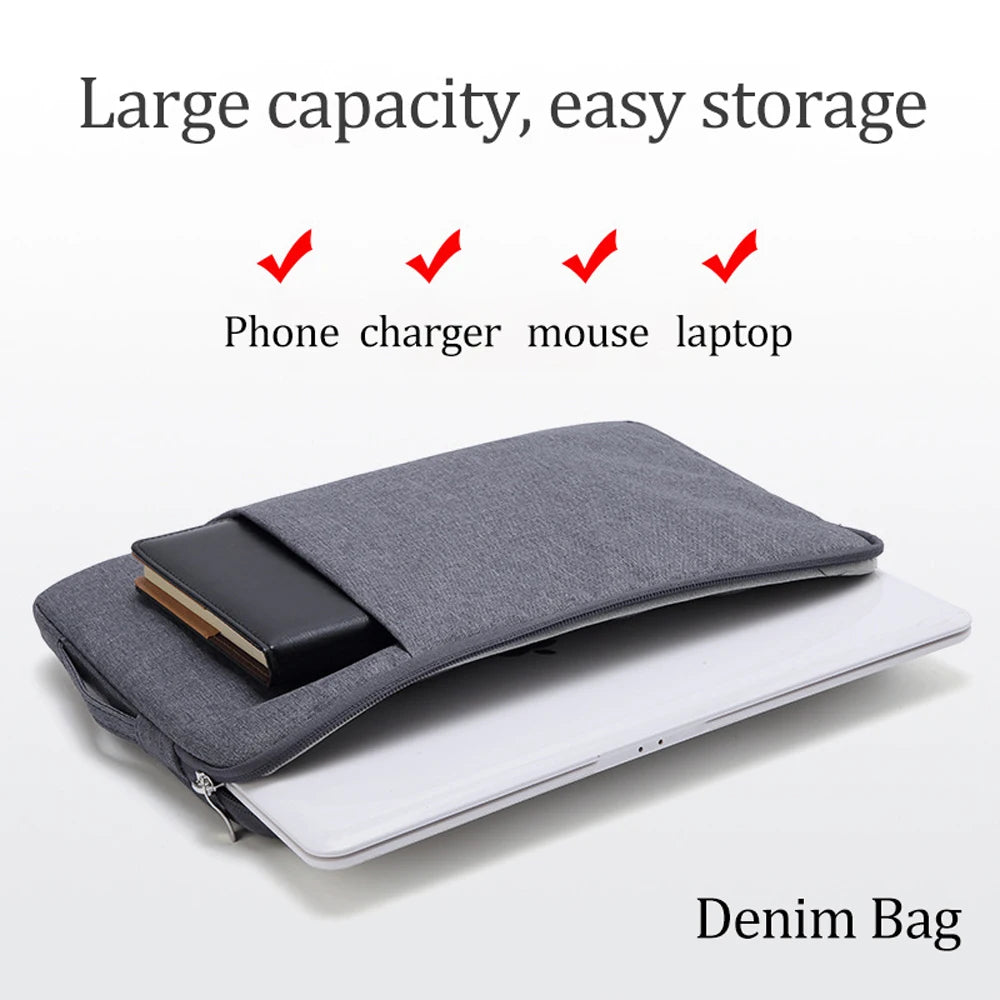 Denim Laptop Sleeve With Padded Inner Compartment Zipper
