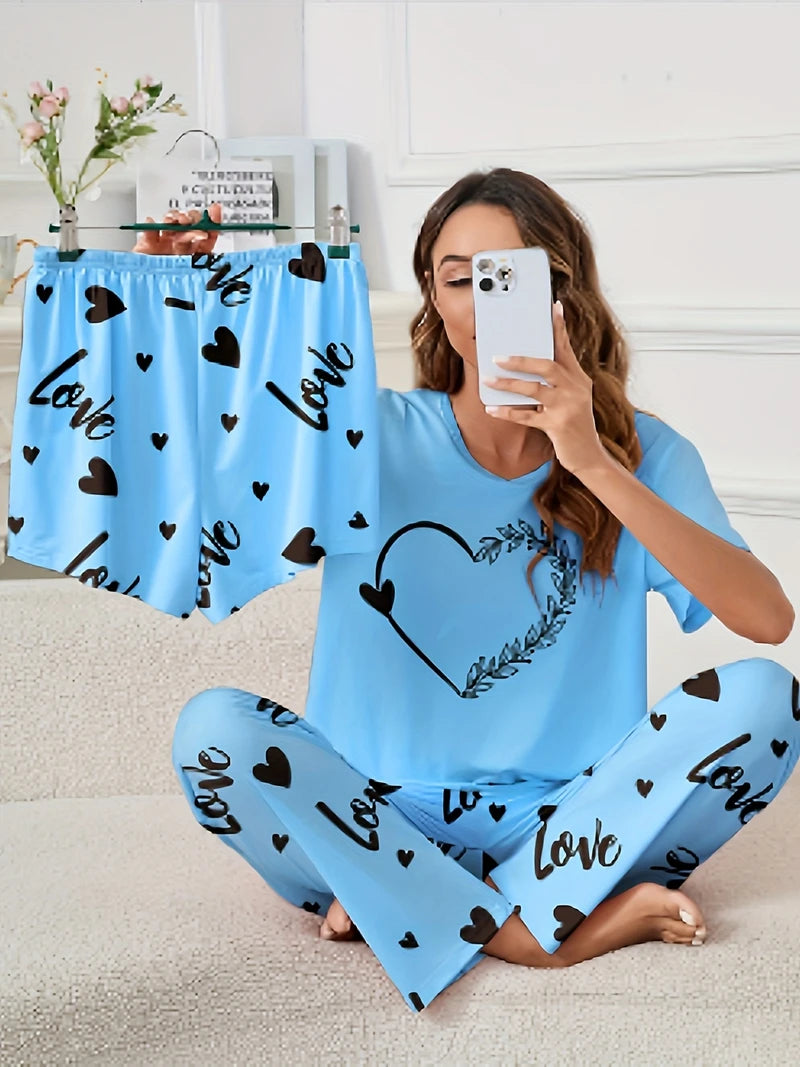 Women's Short Sleeve Crew Neck Top With Shorts And Pants 3 Piece Loungewear Sleepwear Lounge Sets Nighty Print Casual Pajama Set - Smarsty