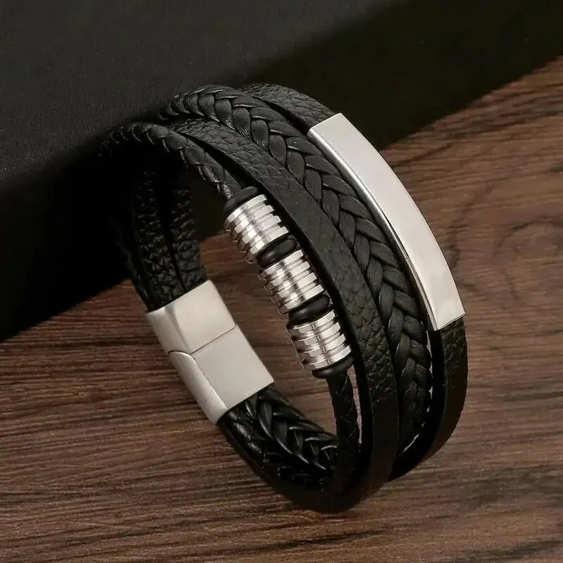 Multi Layer PU Leather Mens Bracelet with Magnetic Closure - Smarsty