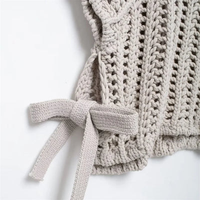 Hollow Out Knit Pullover Women Casual Round Neck Lace Up Bow Sweater Female Autumn Short Sleeves Solid Knitwears Lady - Smarsty