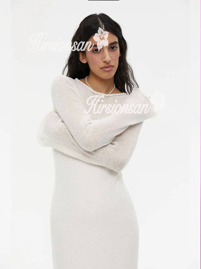 Hirsionsan Spring Autumn O-Neck Elastic Knit Long Dresses Women 2024 Elegant Chic Soft Lady Hollowing Sweater Dresses Femme New - Smarsty