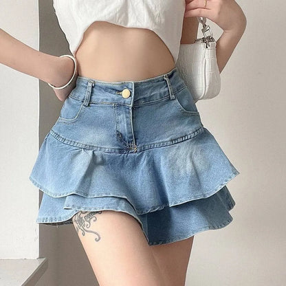 Vintage Denim Skirt Shorts Women Summer Korean Fashion High Waist A-line Wash Blue Slim Cute Sexy Mini Jeans Ruffle Skirt Female - Smarsty