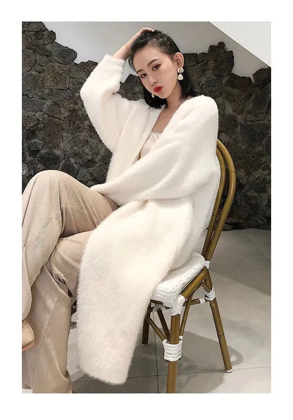white Long Cardigan for women 2025 new winter clothes Knitted fluffy long sleeve Cashmere sweater coat korean style warm vintage - Smarsty