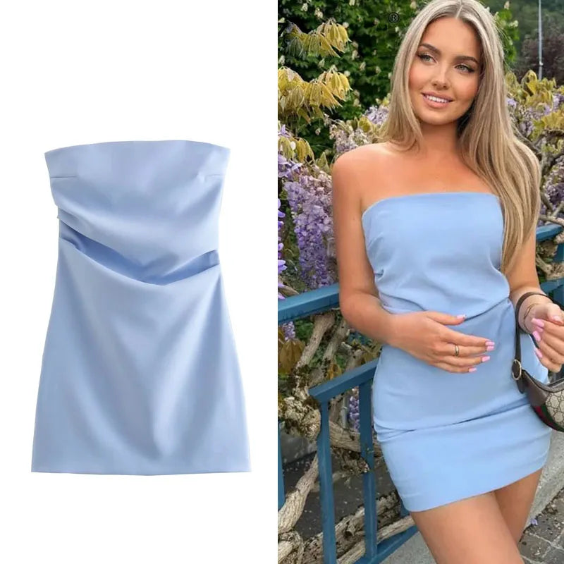 TRAF Dress Women Off Shoulder Corset Short Dresses Ruched Backless Blue Black White Dress Woman Sexy Bodycon Party Dresses - Smarsty