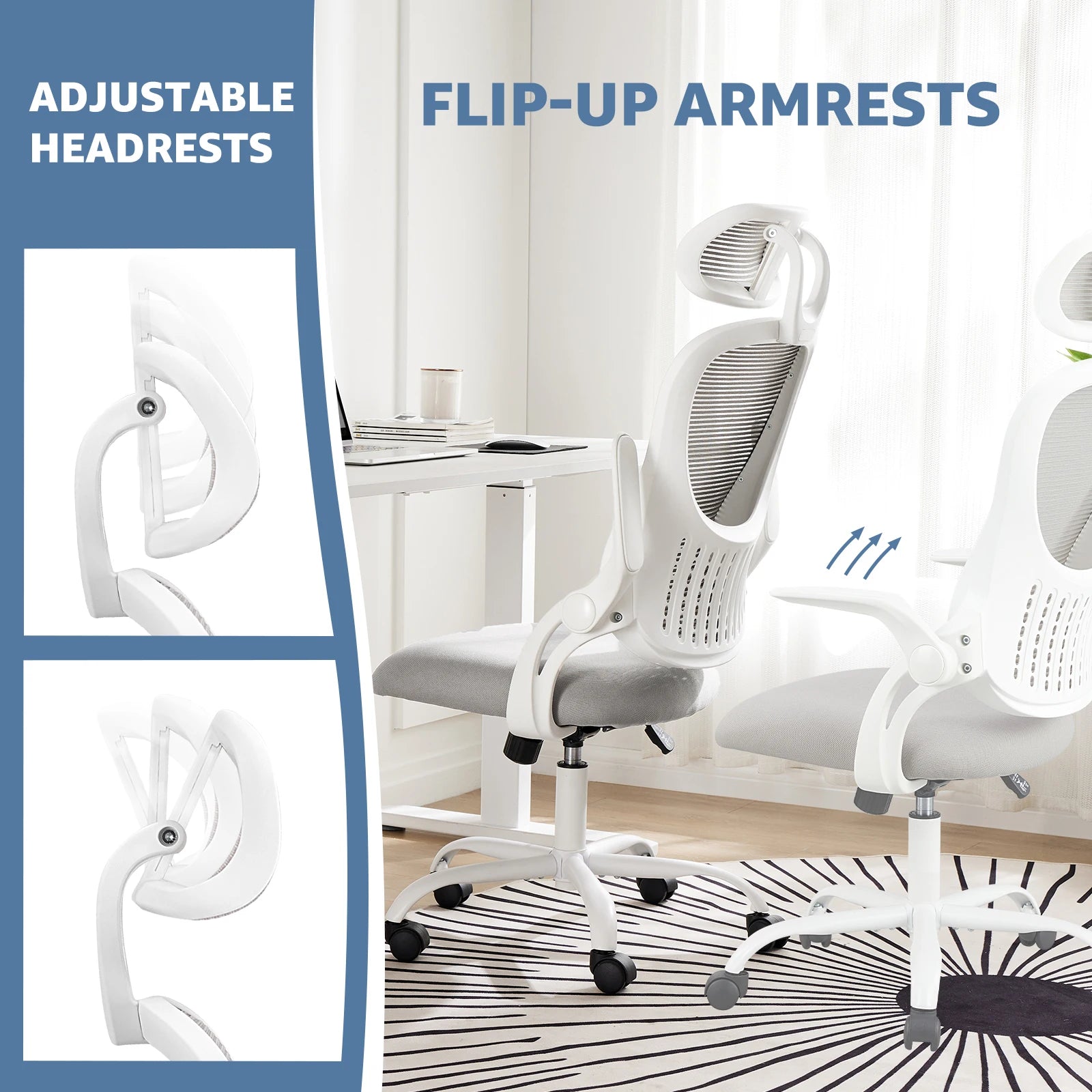 Mesh Ergonomic Office Computer Desk Chair Flip-up Arms Adjustable Headrests Comfortable Lumbar Support For Home Office - Smarsty