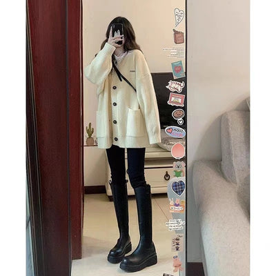 Autumn Winter Women Cardigan Sweater Coats Fashion Female Long Sleeve V-neck Loose Knitted Jackets Casual Sweater Cardigans - Smarsty