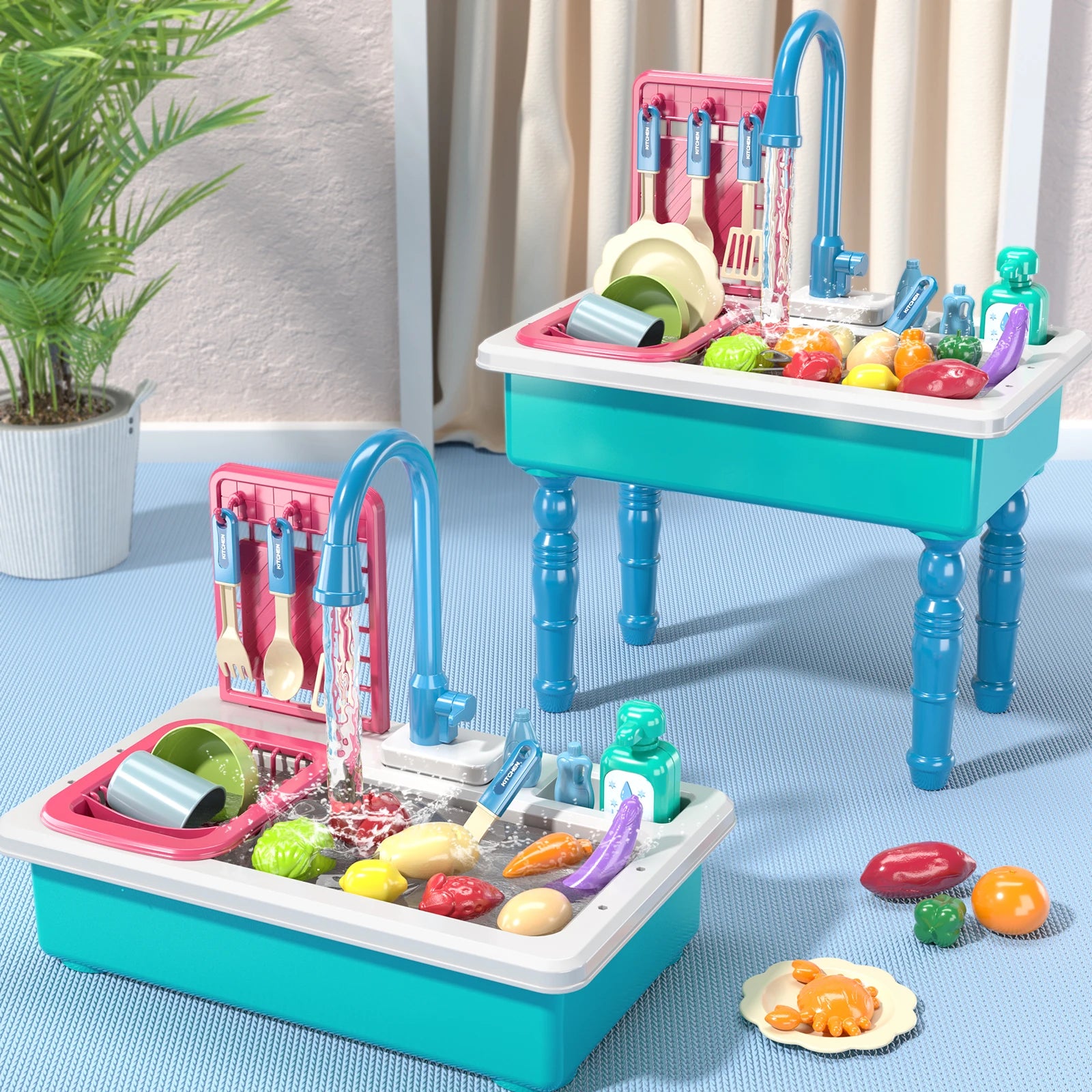 Play Kitchen Sink Toy with Running Water, Dishwasher and Upgraded Automatic Water Cycle System