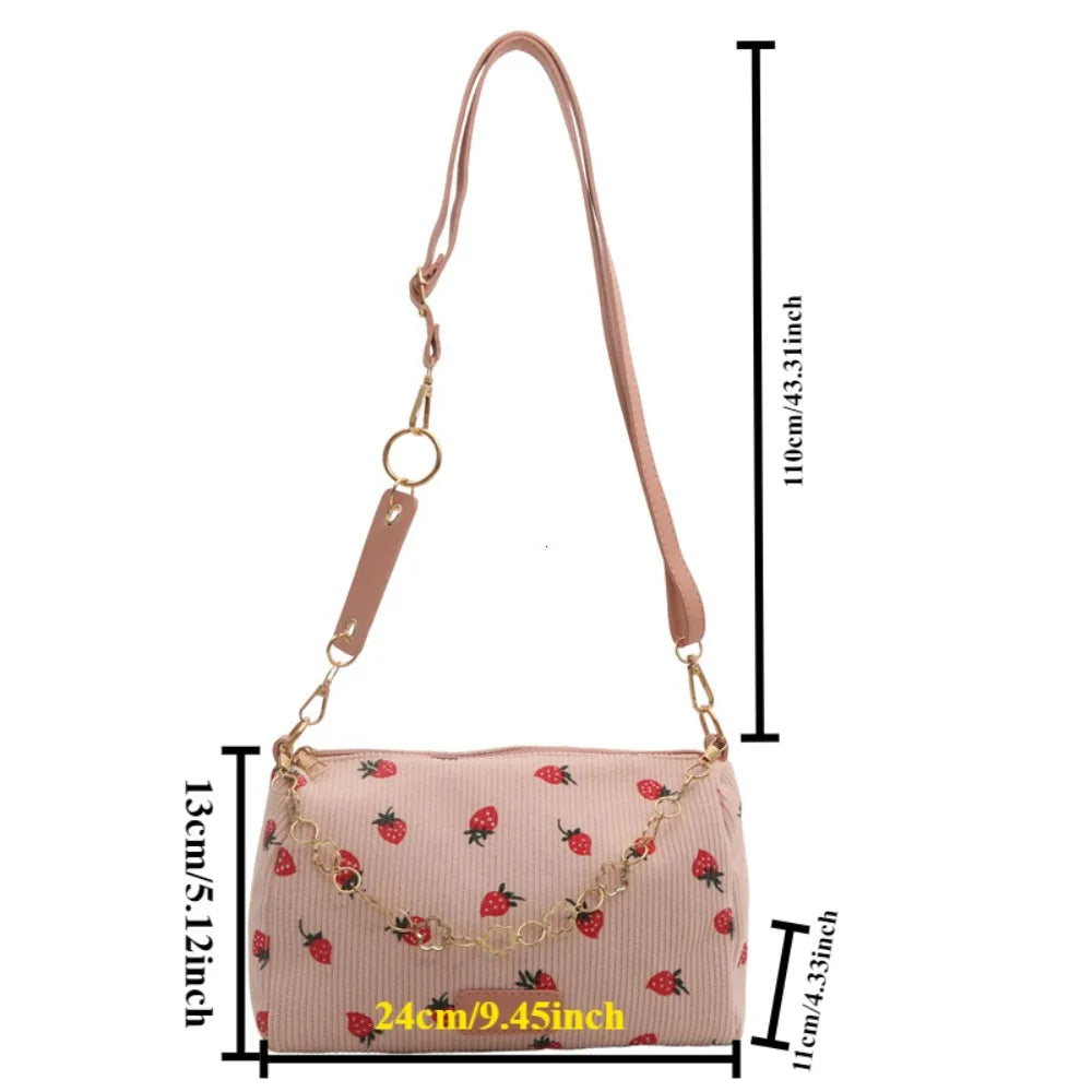 Corduroy Underarm Bag For Women Strawberry Print Mini Tote - Smarsty