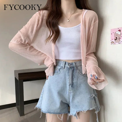 2025 Fairy Style Solid Cardigan Women Summer New Long Sleeve Sunscreen Sweet Beading V-neck Basics Loose Chiffon Cardigan - Smarsty